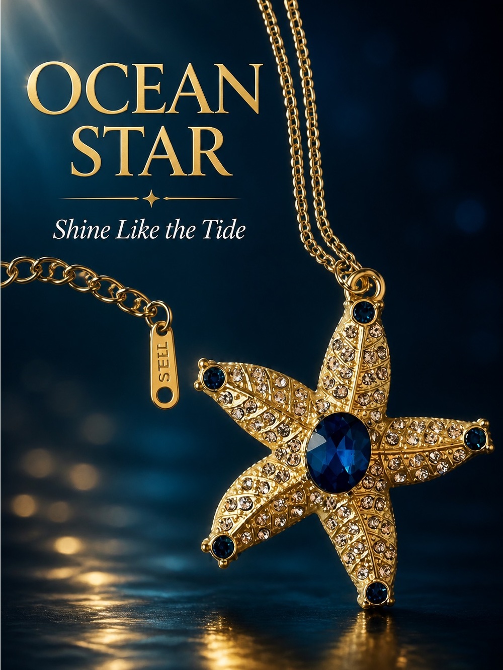 Gold Starfish Pendant Necklace with Deep Blue Stones